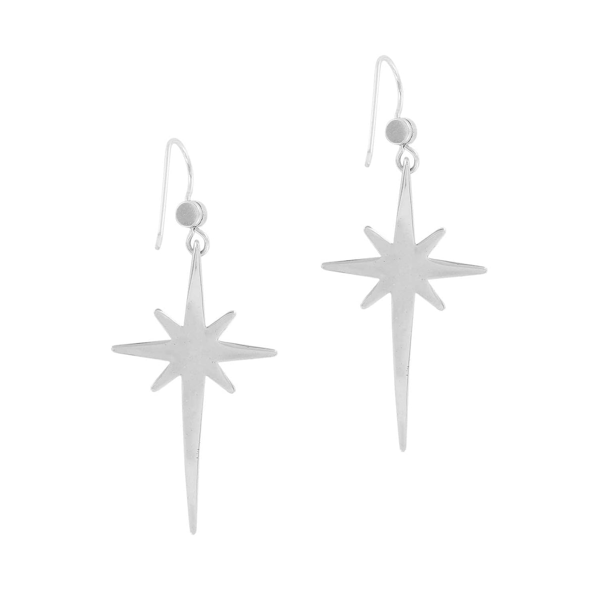 Brighton drop earrings with silver-plated celestial star design and small bezel accents on a white background