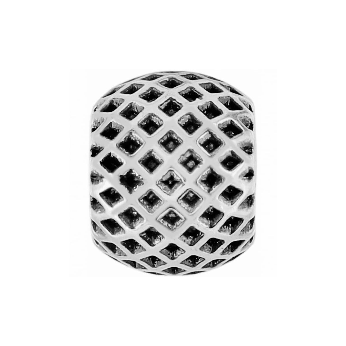 Brighton bead charm with silver-plated lattice pattern and recessed square details on a white background