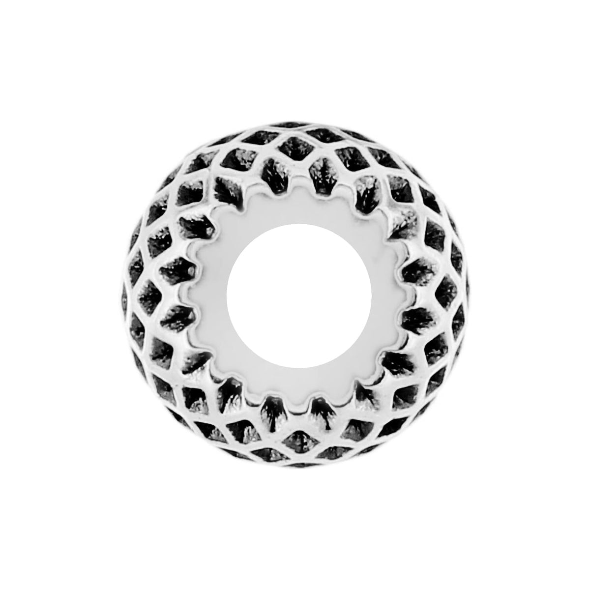 Brighton spacer charm with silver-plated lattice openwork design and round center opening on a white background