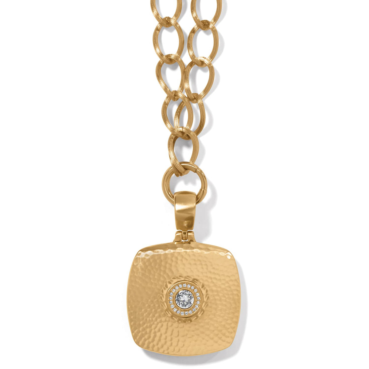Brighton pendant necklace with brushed gold hammered square pendant, crystal center, and chunky link chain on a white background