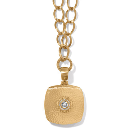 Brighton pendant necklace with brushed gold hammered square pendant, crystal center, and chunky link chain on a white background