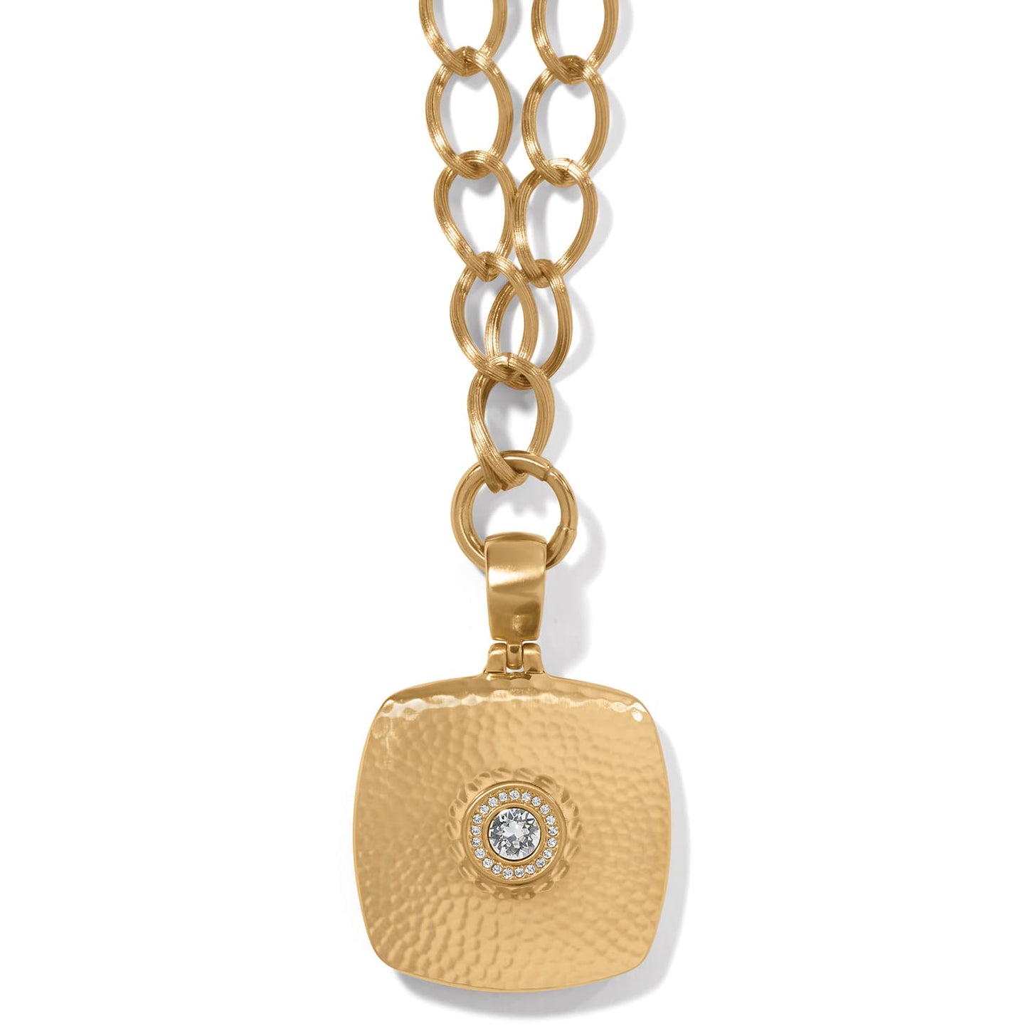 Brighton pendant necklace with brushed gold hammered square pendant, crystal center, and chunky link chain on a white background