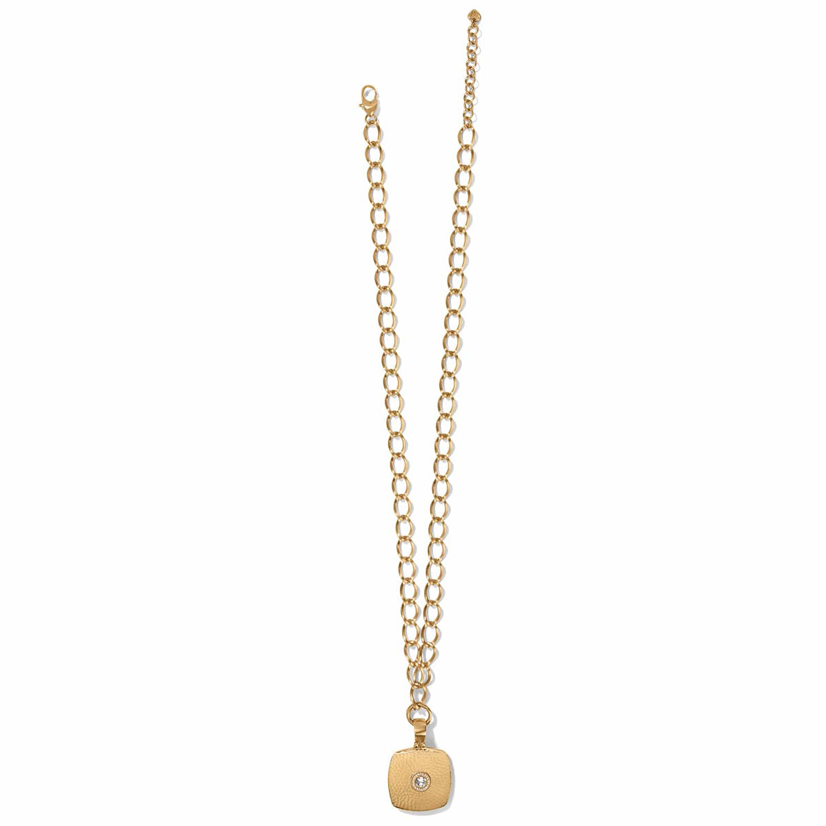 Brighton pendant necklace with brushed gold chain and square crystal-centered pendant on a white background