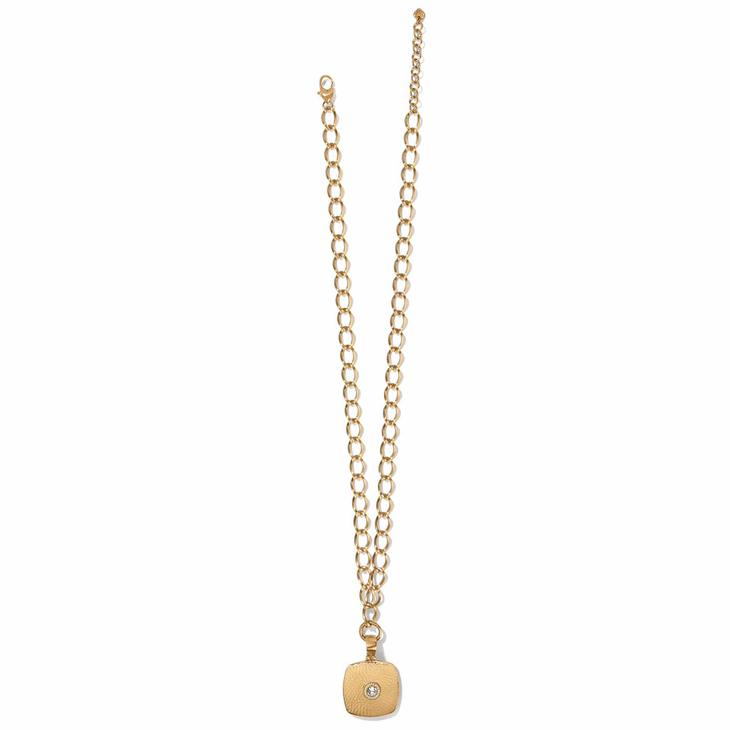 Brighton pendant necklace with brushed gold chain and square crystal-centered pendant on a white background