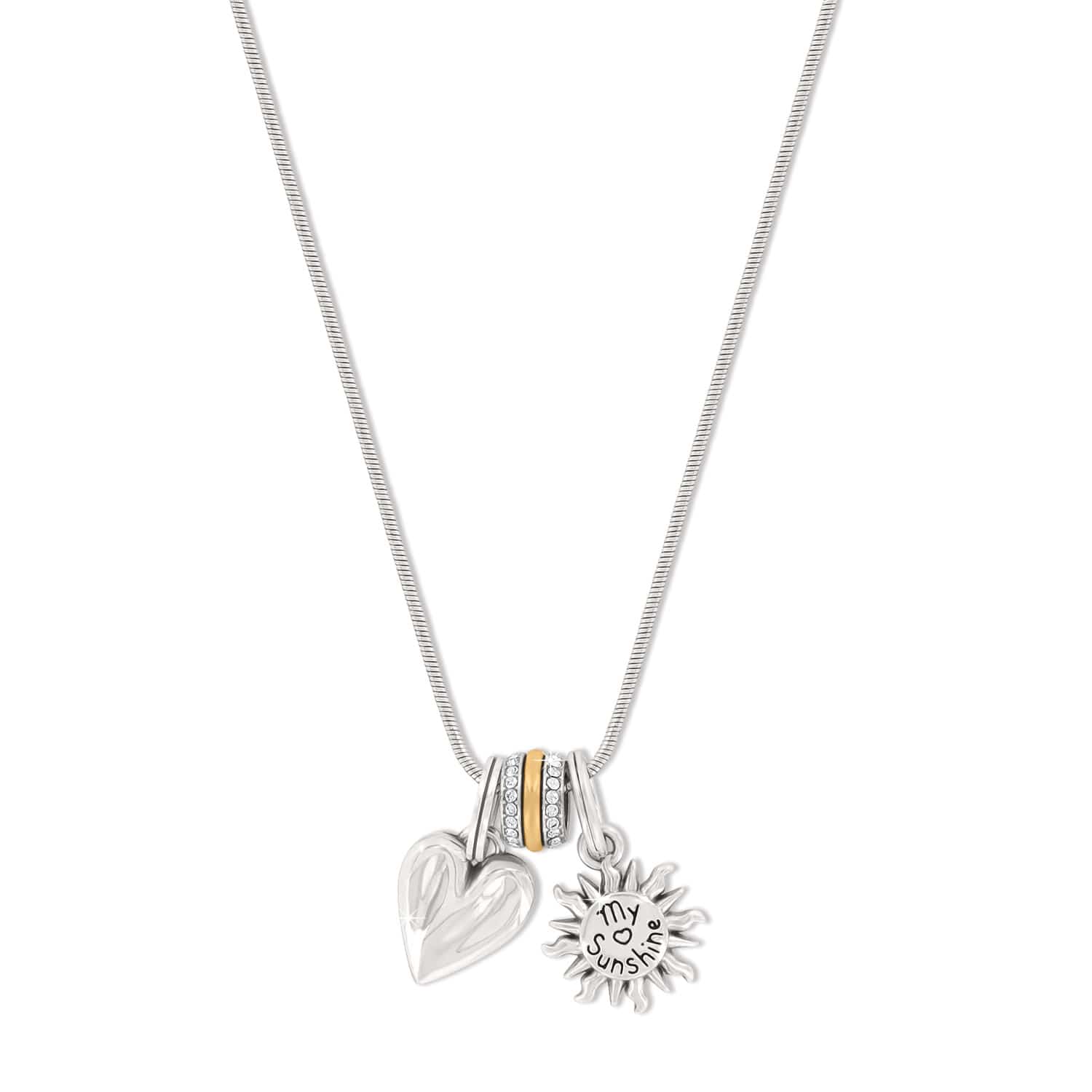 Brighton pendant necklace with silver-plated heart, crystal ring, and sunshine charm on a white background