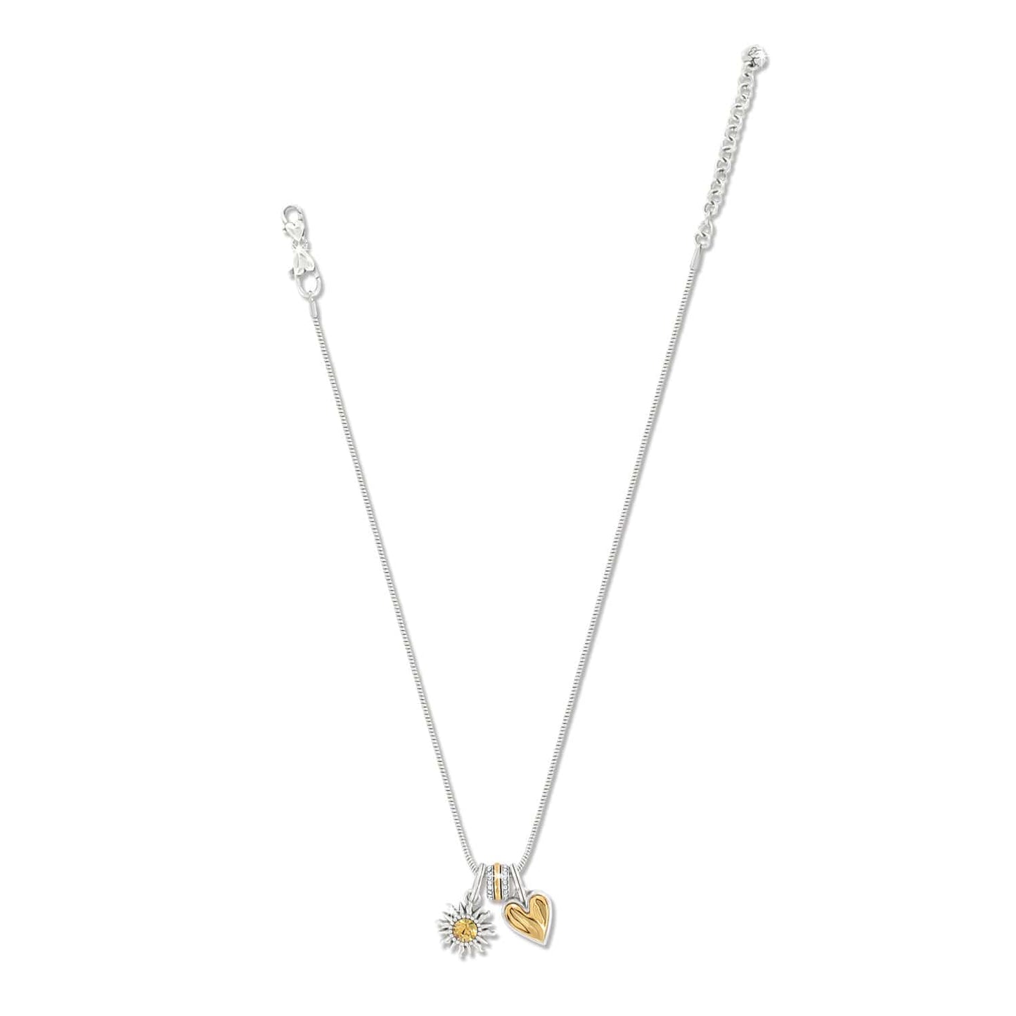 Brighton silver-plated charm necklace with crystal accent, silver sunflower charm, and gold heart charm on a white background