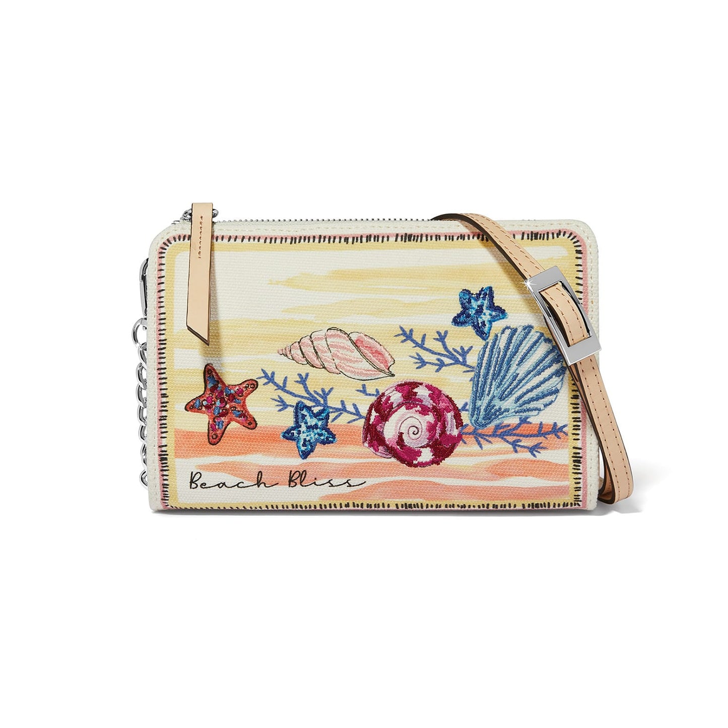 Brighton crossbody handbag with embroidered seashell and starfish beach print and leather strap on a white background