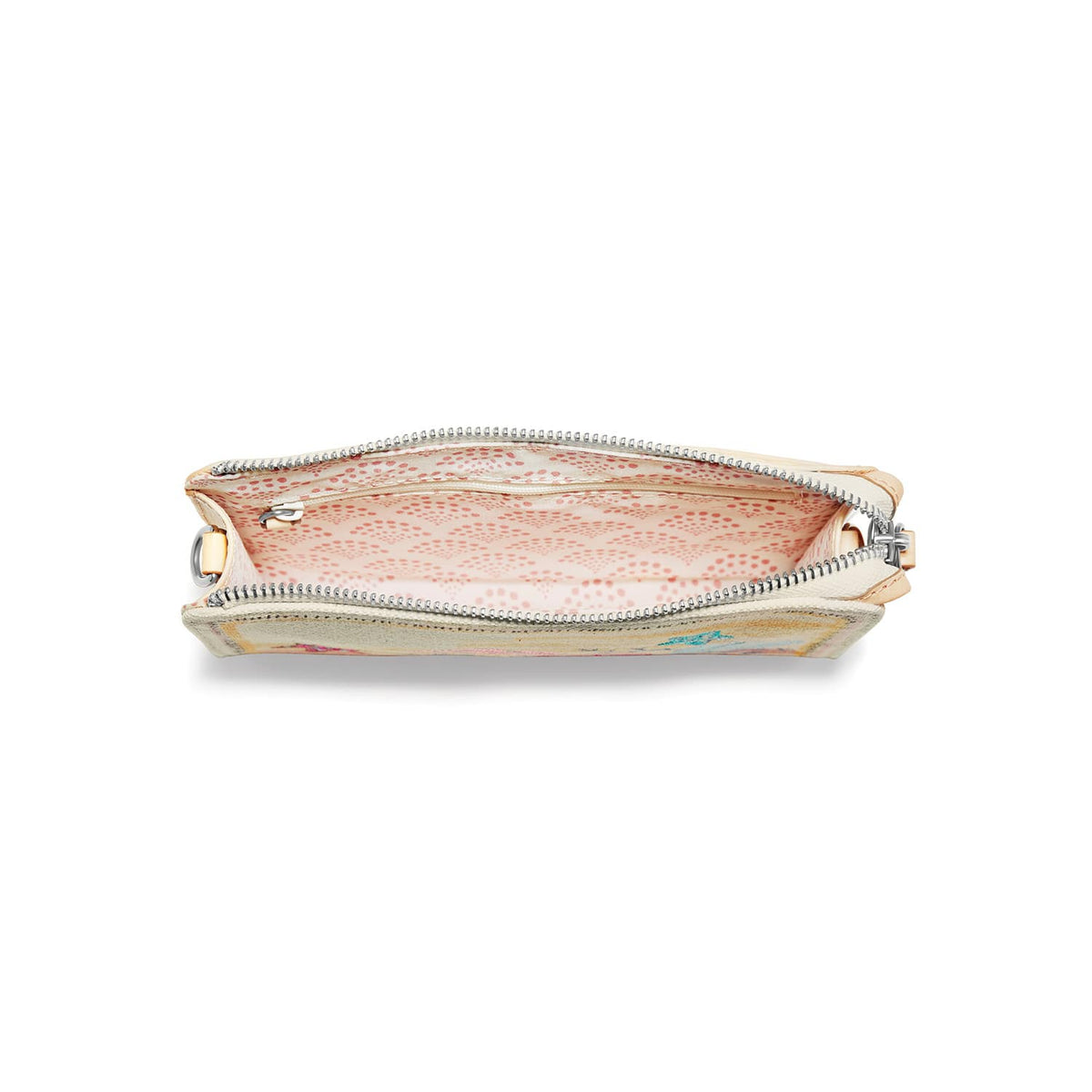 Brighton handbag shown open from above with pink patterned interior lining and silver-tone zipper on a white background