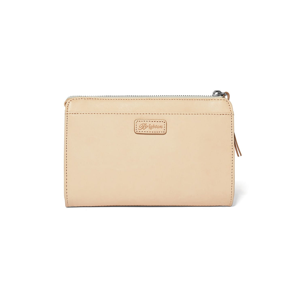 Brighton zip pouch in cream leather with small logo patch and leather zipper pull on a white background