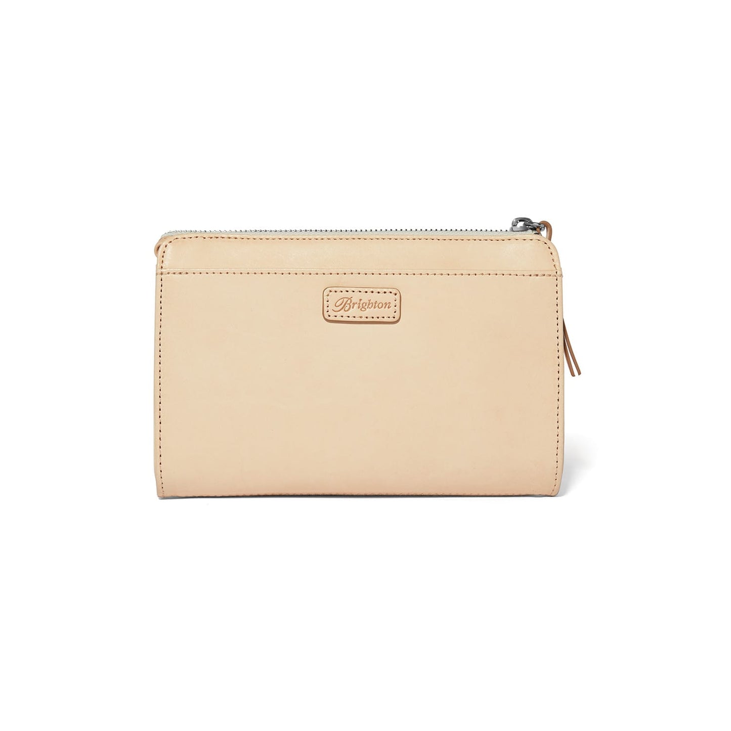 Brighton zip pouch in cream leather with small logo patch and leather zipper pull on a white background