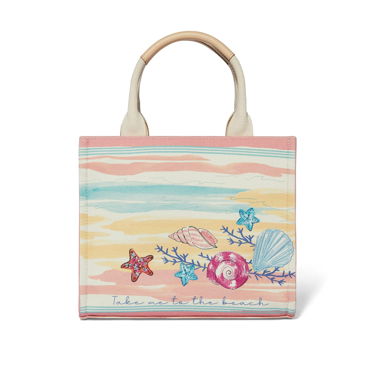 Brighton handbag with pastel striped print, embroidered seashells, starfish, and Take me to the beach text on a white background