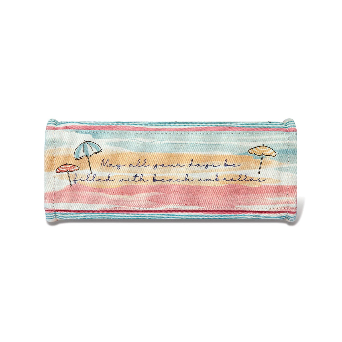 Brighton canvas pouch shown from the side with pastel striped beach print and umbrella illustrations on a white background