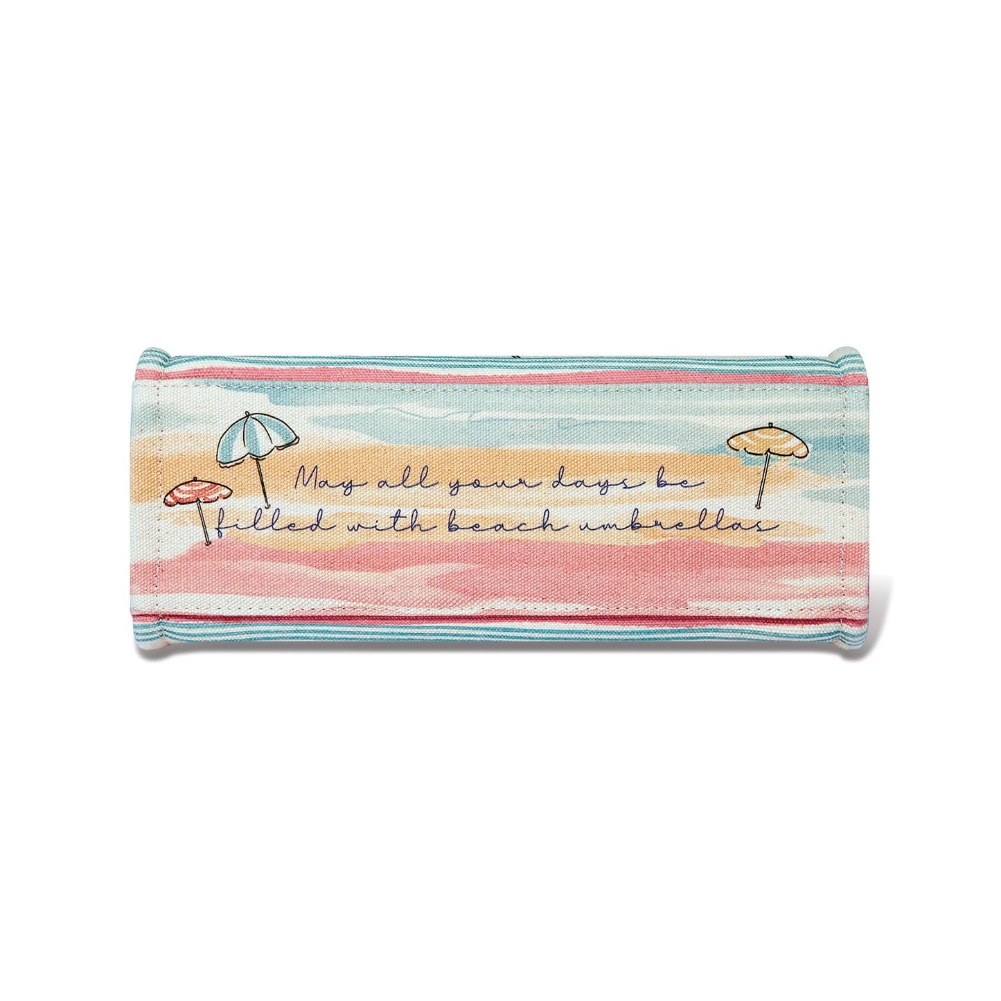 Brighton canvas pouch shown from the side with pastel striped beach print and umbrella illustrations on a white background