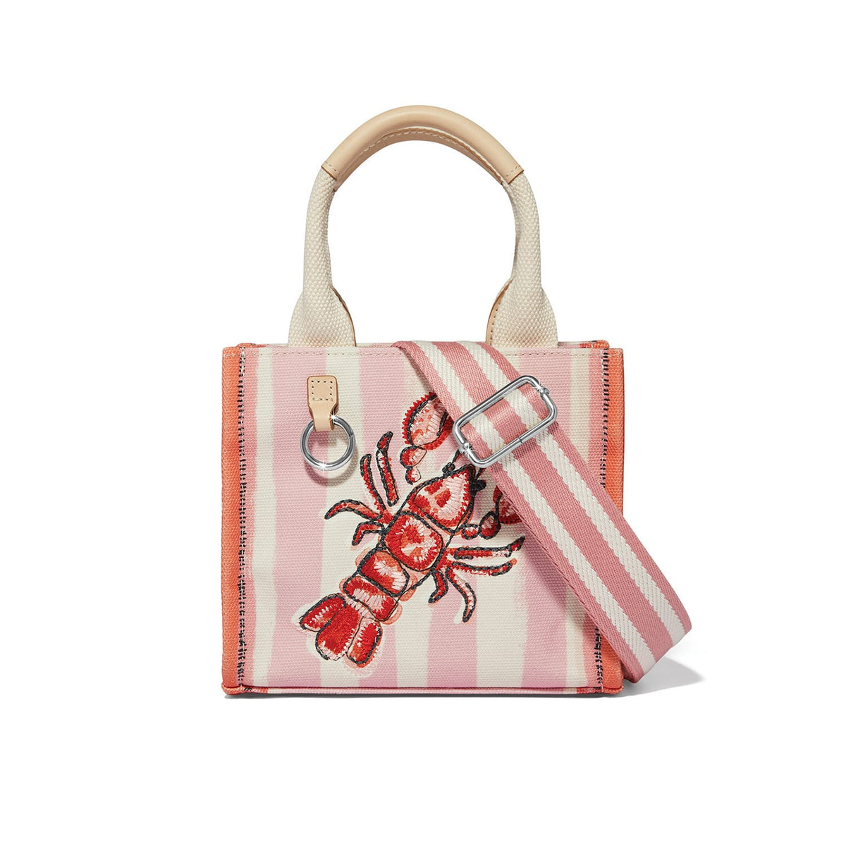 Brighton handbag with pink striped canvas, embroidered red lobster, rolled handles, and adjustable crossbody strap on a white background