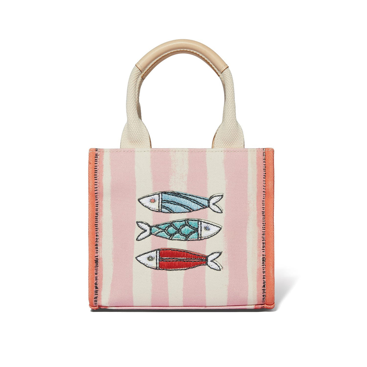 Brighton mini tote handbag with pink striped canvas, embroidered fish design, and cream fabric handles on a white background