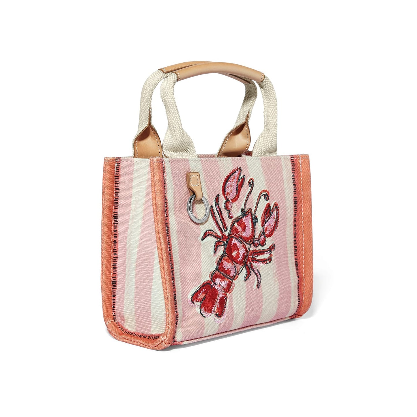 Brighton handbag with pink striped canvas, embroidered red lobster, canvas handles, and leather trim on a white background