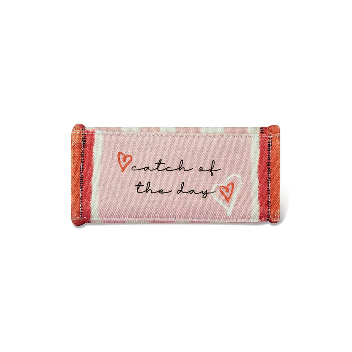 Brighton fabric pouch with pink checkered print, red border, and script text reading catch of the day on a white background