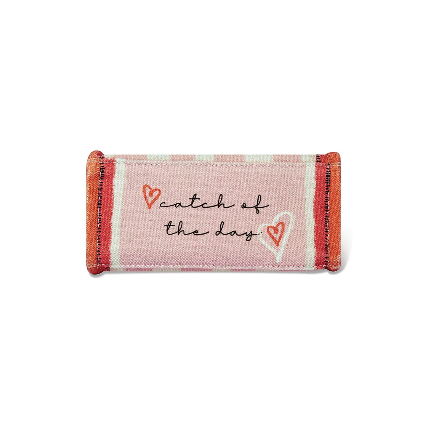 Brighton fabric pouch with pink checkered print, red border, and script text reading catch of the day on a white background