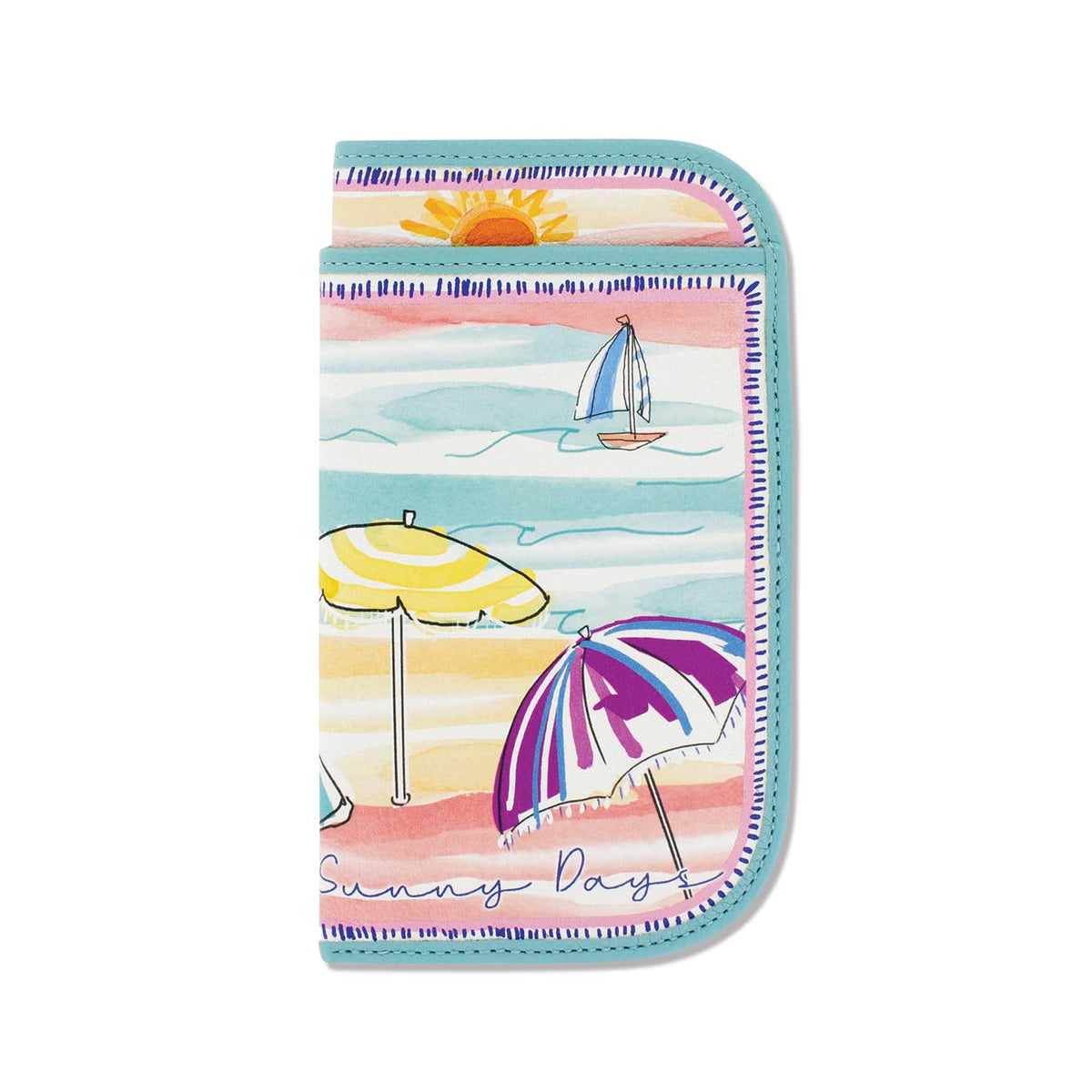 Brighton glasses case with illustrated beach print featuring sailboat, umbrellas, and Sunny Days text on a white background