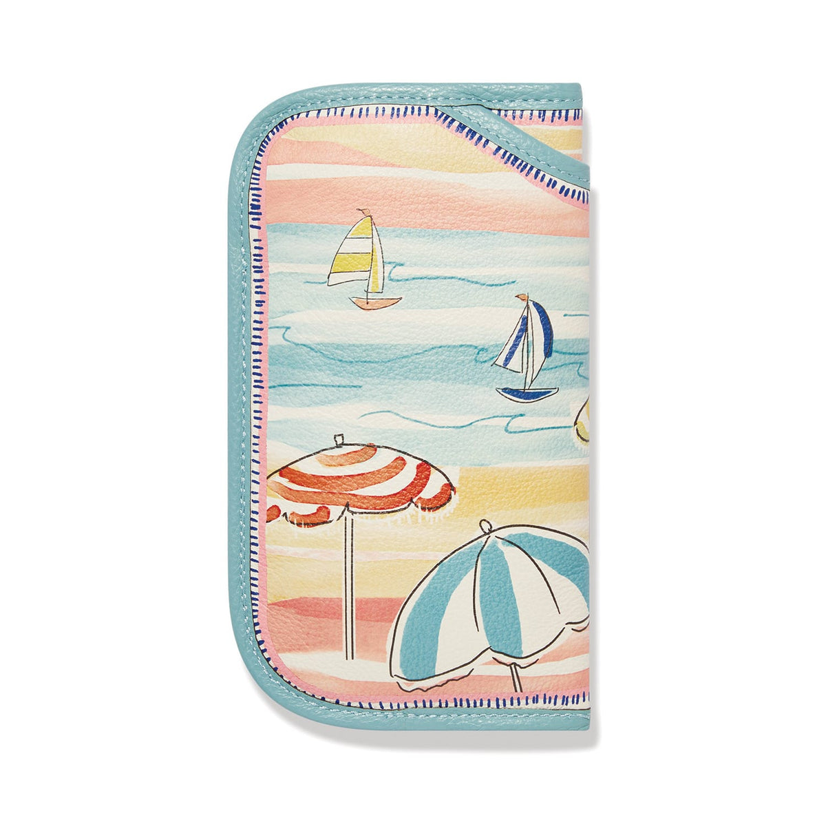 Brighton eyeglass case with illustrated beach print featuring sailboats and umbrellas, teal trim, on a white background