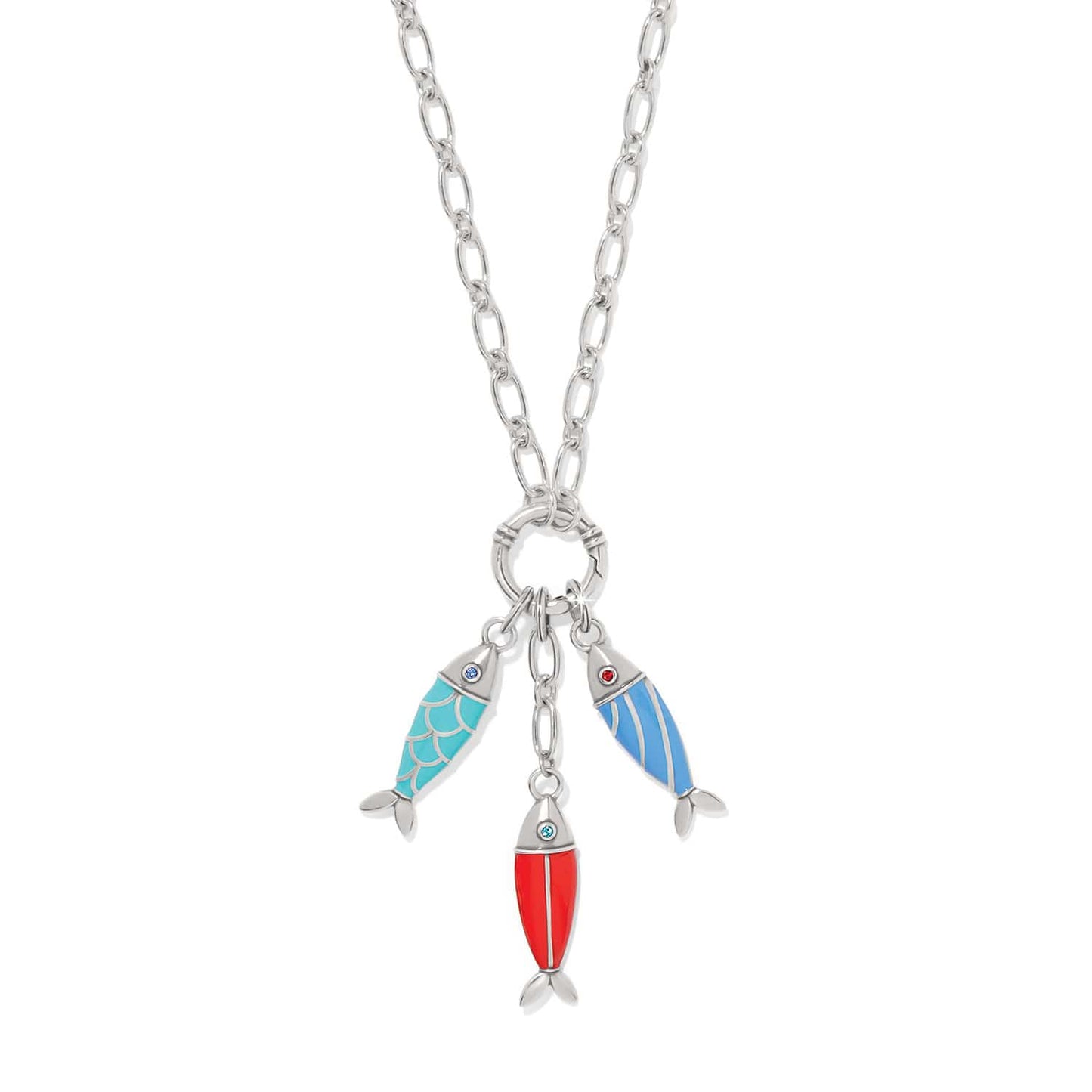 Brighton charm necklace with three enamel fish charms in turquoise, red, and blue on a white background