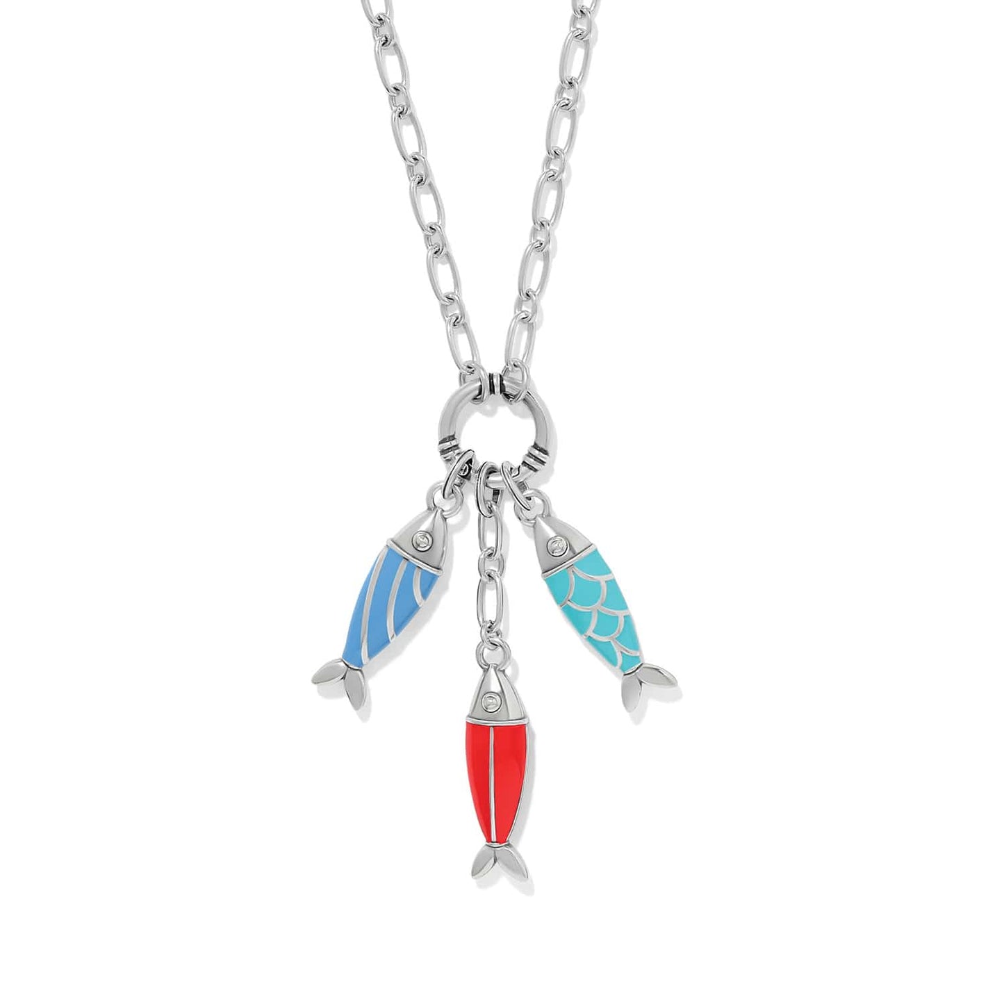 Brighton charm necklace with three enamel fish charms in blue, red, and turquoise on silver-plated chain on a white background