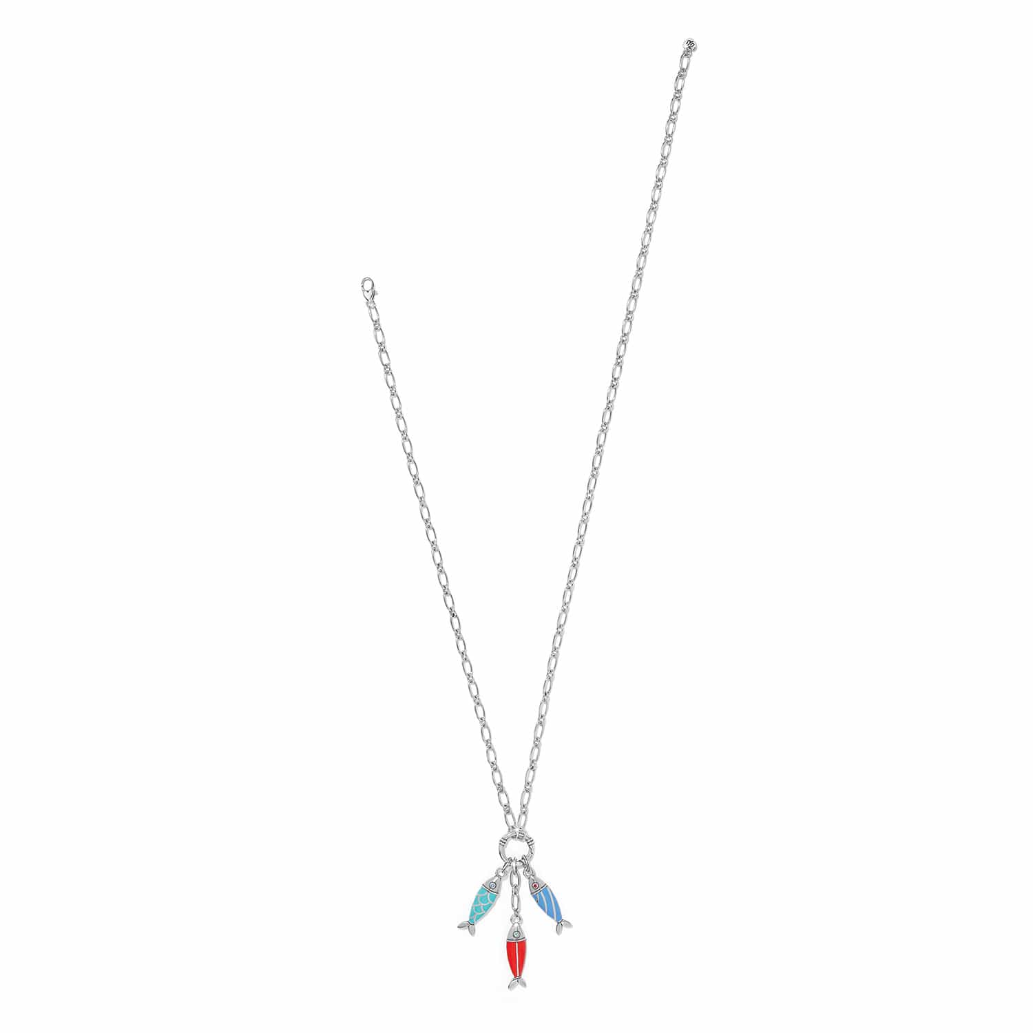 Brighton silver-plated chain necklace with three enamel fish charms in turquoise, blue, and red on a white background