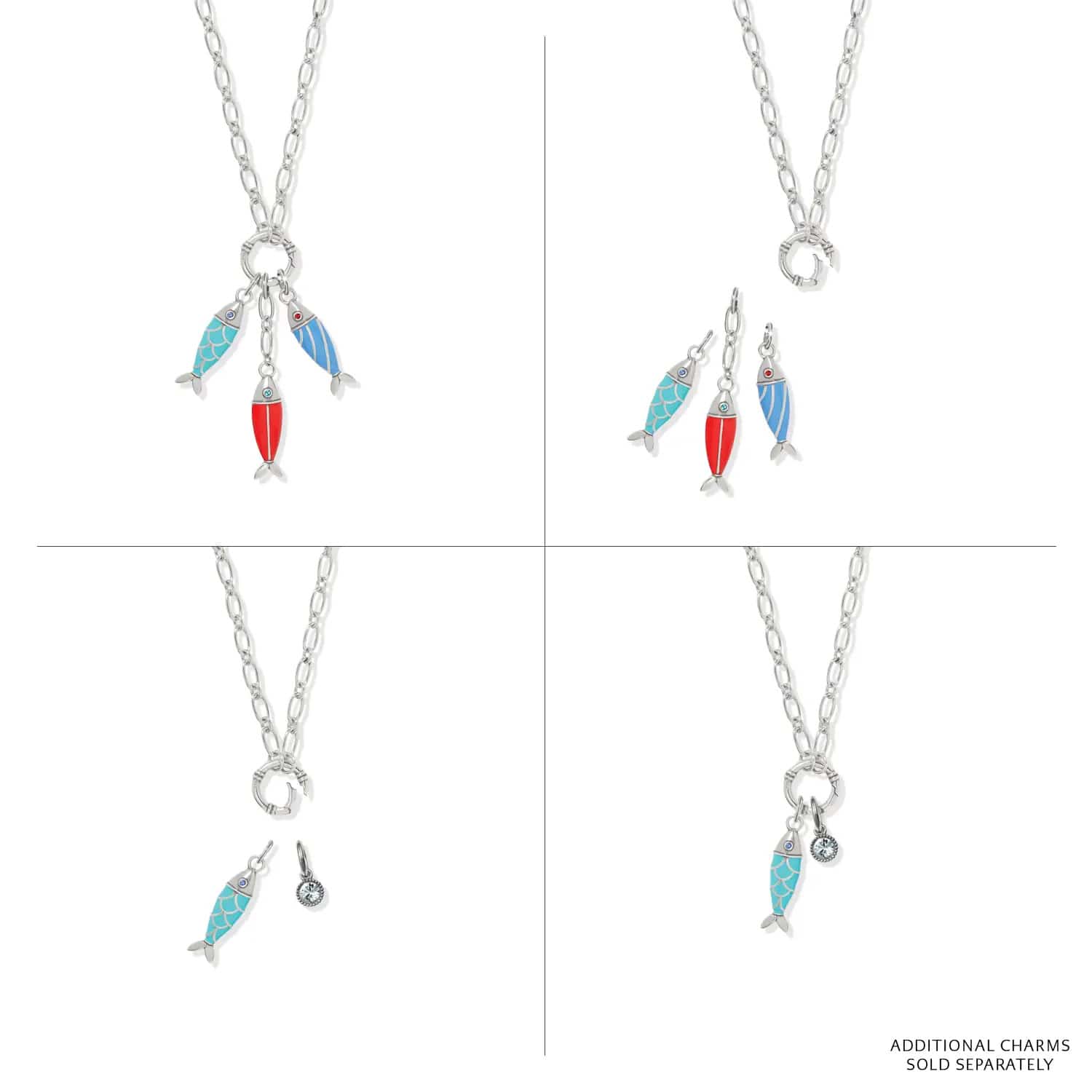 Brighton silver-plated charm necklace shown with interchangeable enamel fish charms and crystal accents on a white background
