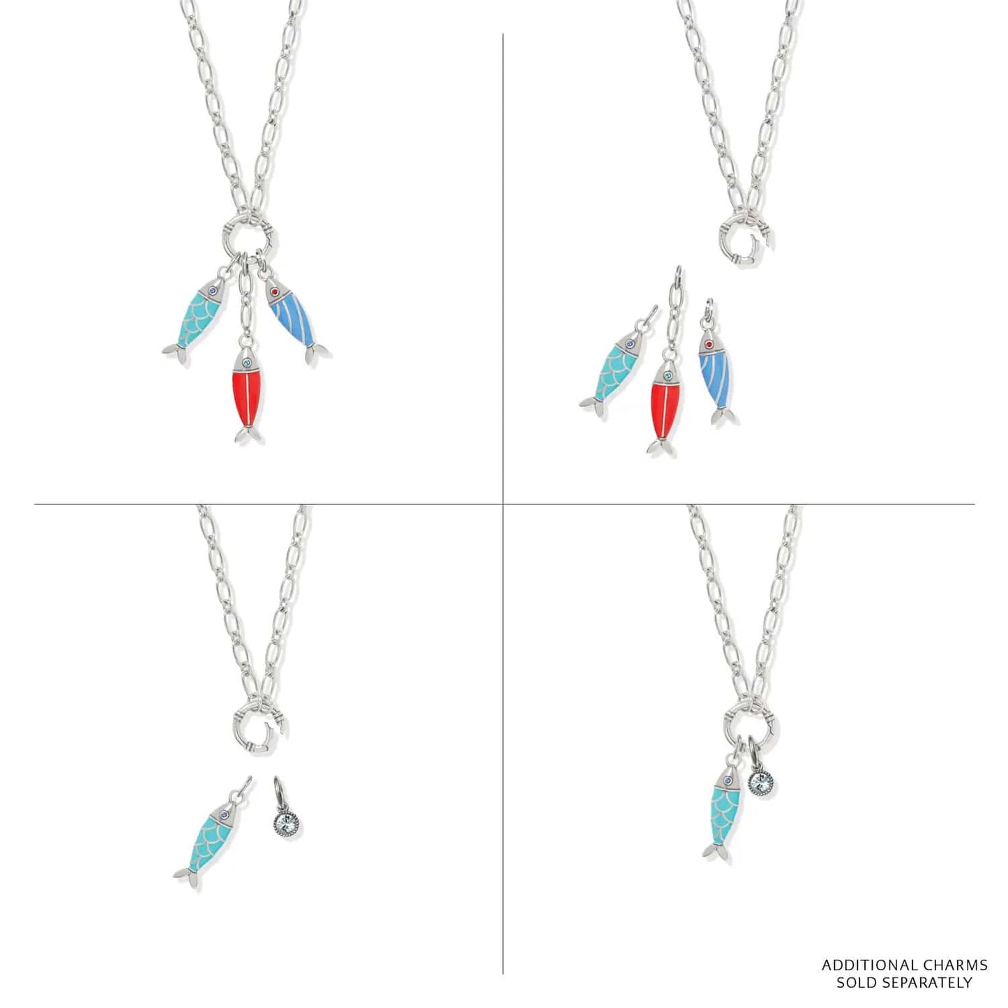 Brighton silver-plated charm necklace shown with interchangeable enamel fish charms and crystal accents on a white background