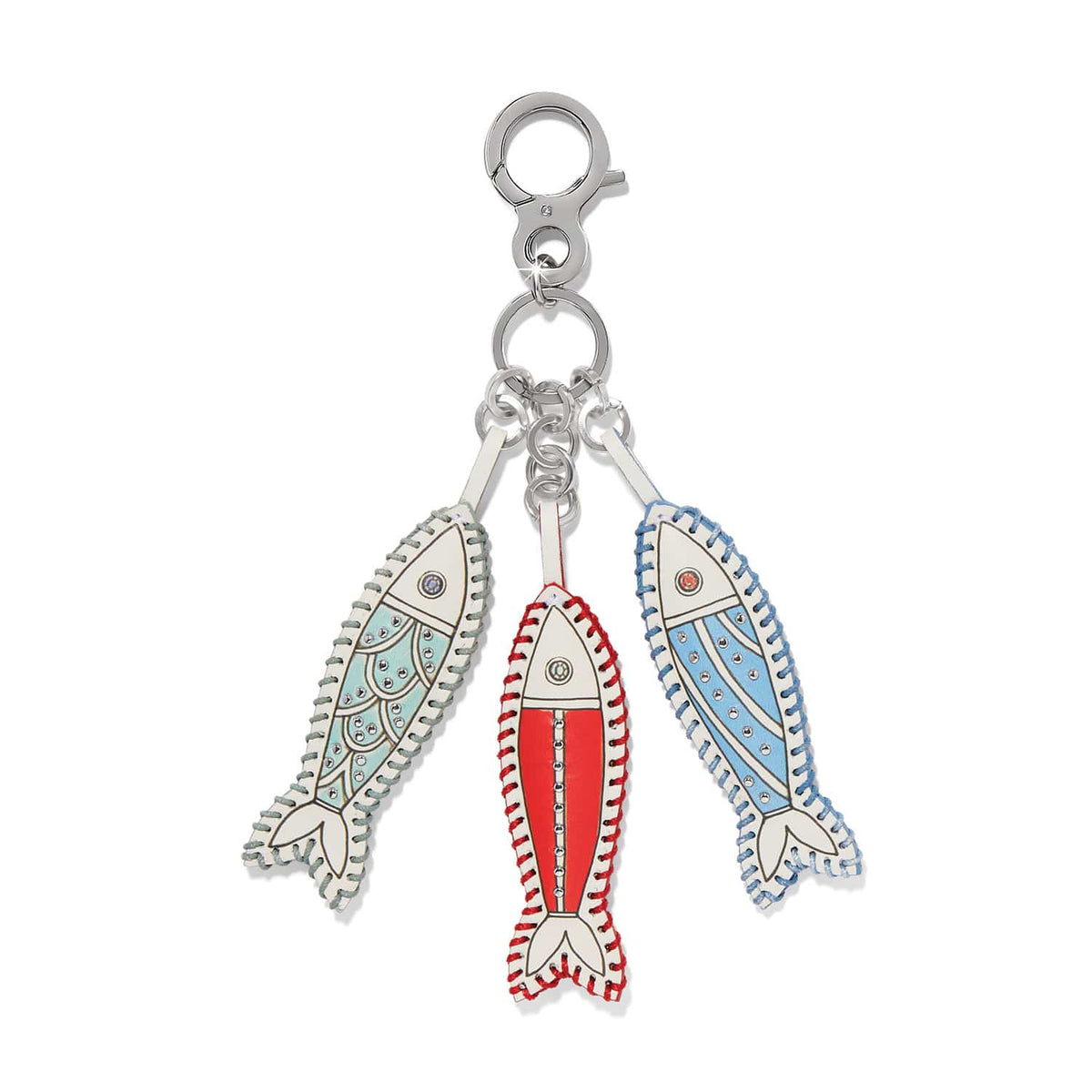 Brighton bag charm with three stitched leather fish in aqua, red, and blue with silver-tone clasp on a white background