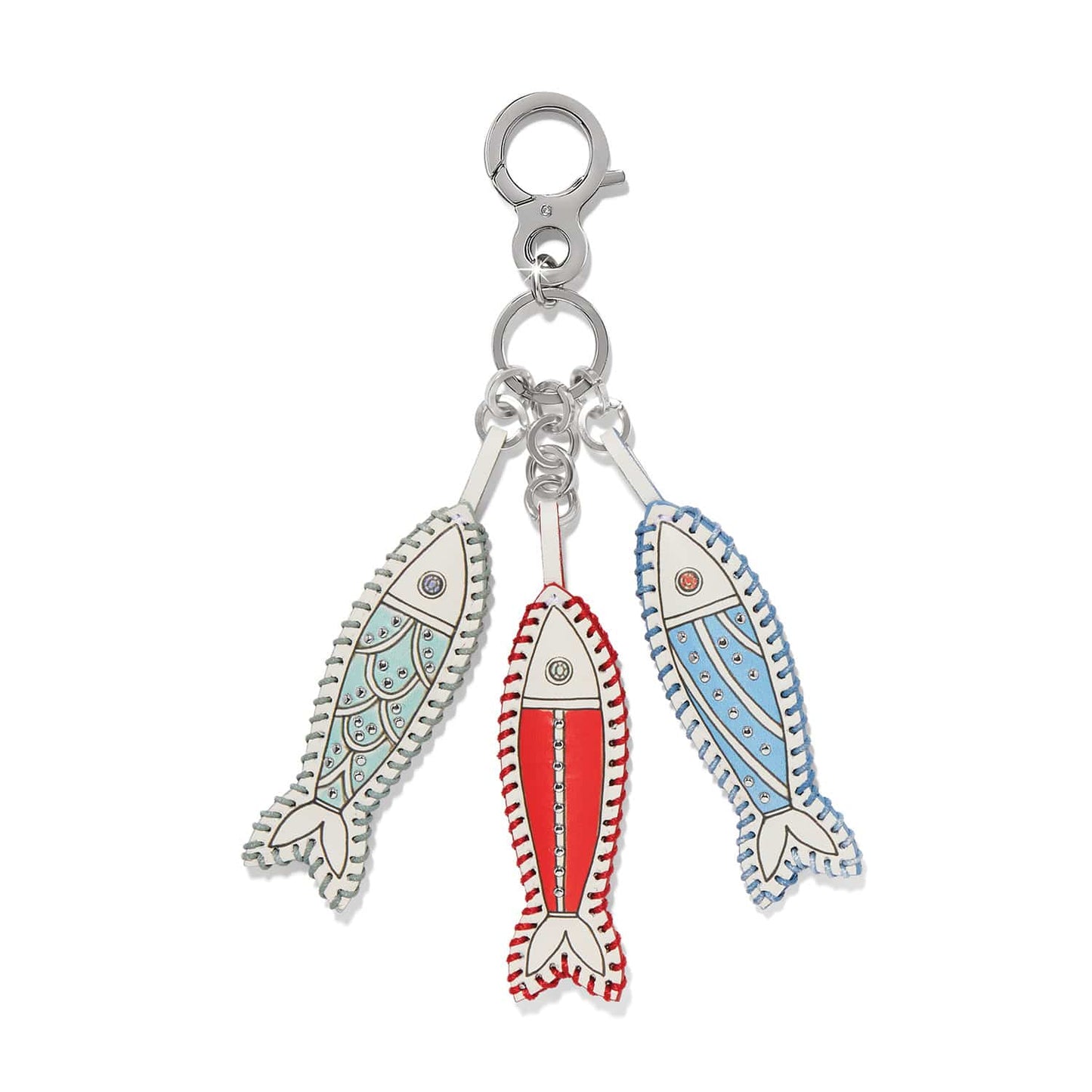 Brighton bag charm with three stitched leather fish in aqua, red, and blue with silver-tone clasp on a white background