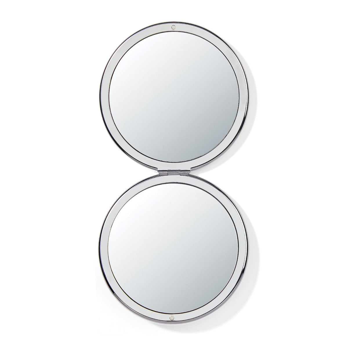 Brighton round compact mirror shown open with silver-tone frame and dual mirrored surfaces on a white background