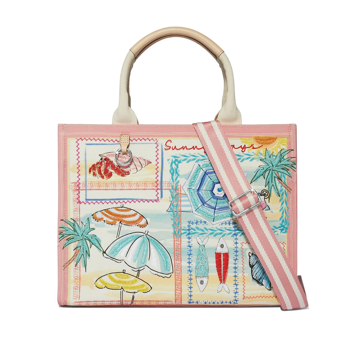 Brighton handbag with pink trim, beach-themed embroidered print of umbrellas, palms, and fish, striped strap on a white background