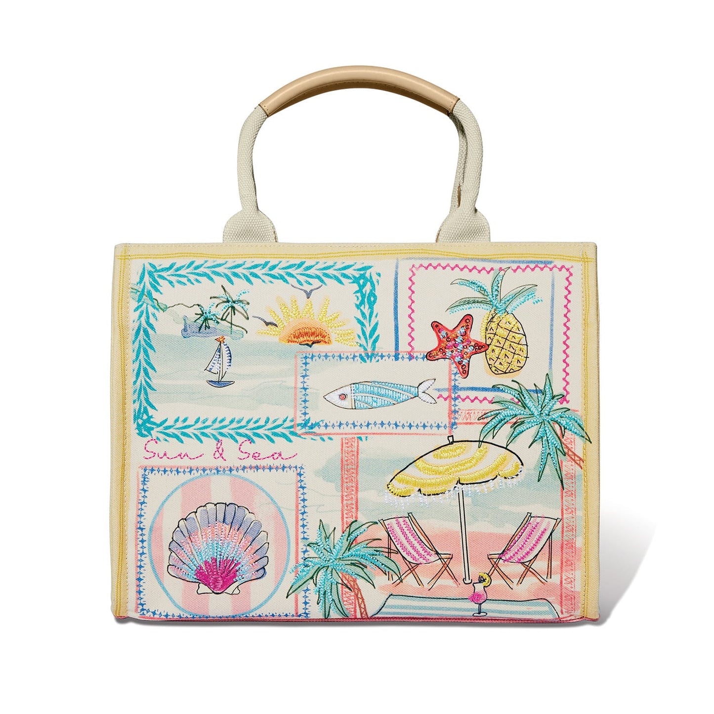 Brighton canvas tote handbag with embroidered beach scene print featuring palm trees, seashells, and pineapple on a white background