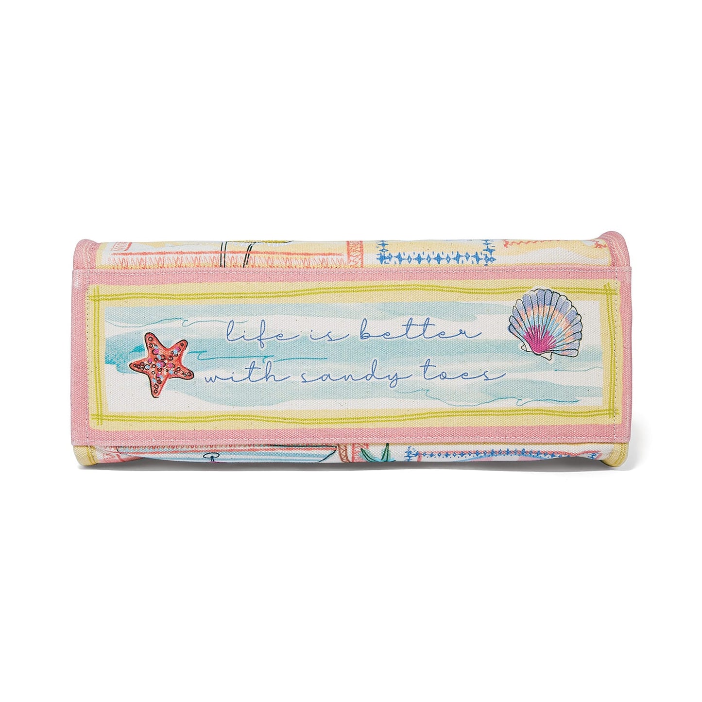 Brighton handbag bottom view with pastel seashell print and script reading life is better with sandy toes on a white background