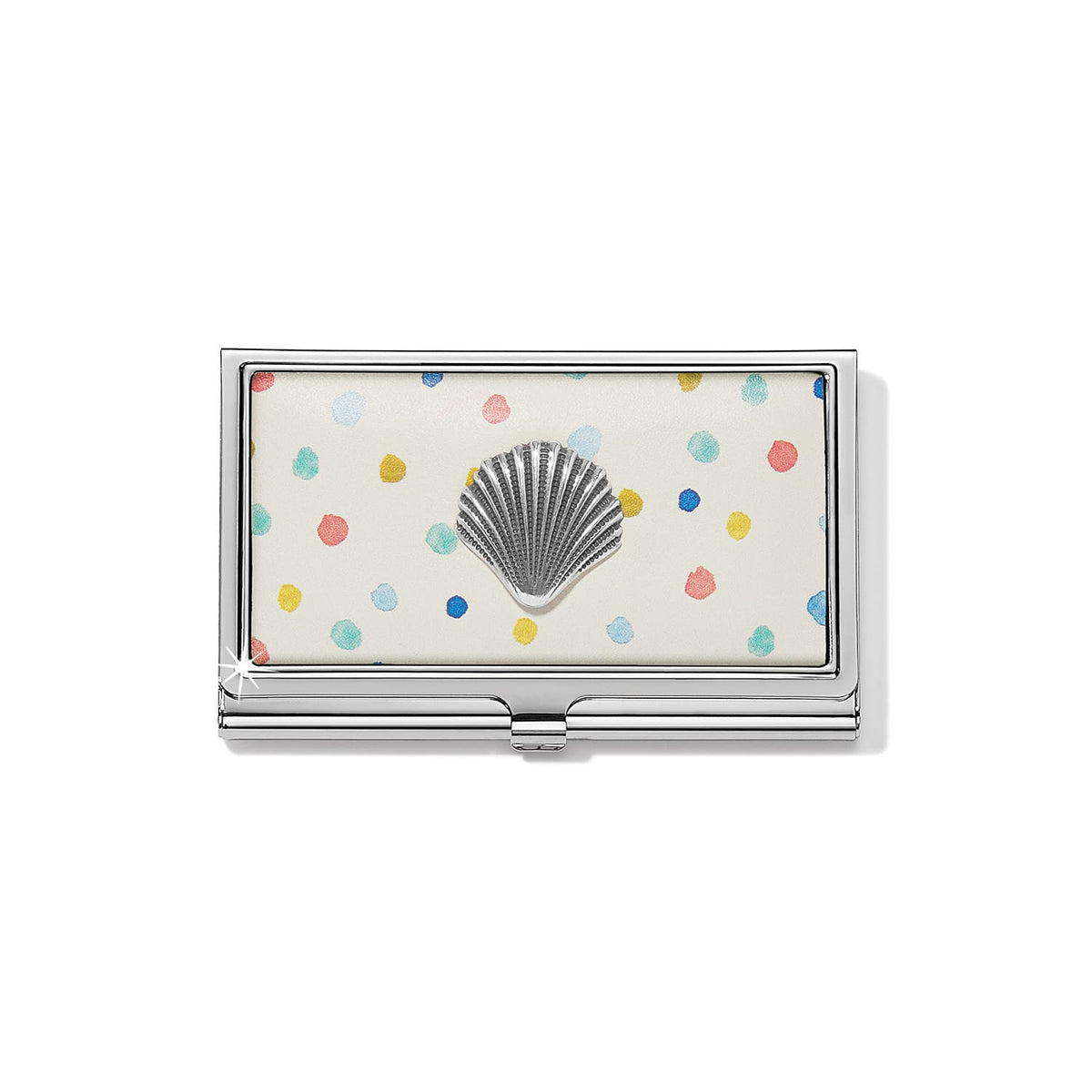 Brighton business card case with silver-tone shell accent and colorful polka dot pattern on a white background