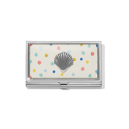 Brighton business card case with silver-tone shell accent and colorful polka dot pattern on a white background