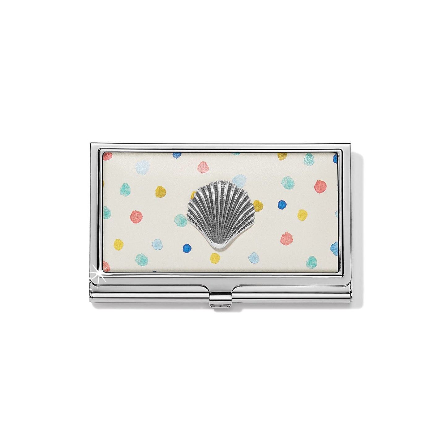 Brighton business card case with silver-tone shell accent and colorful polka dot pattern on a white background