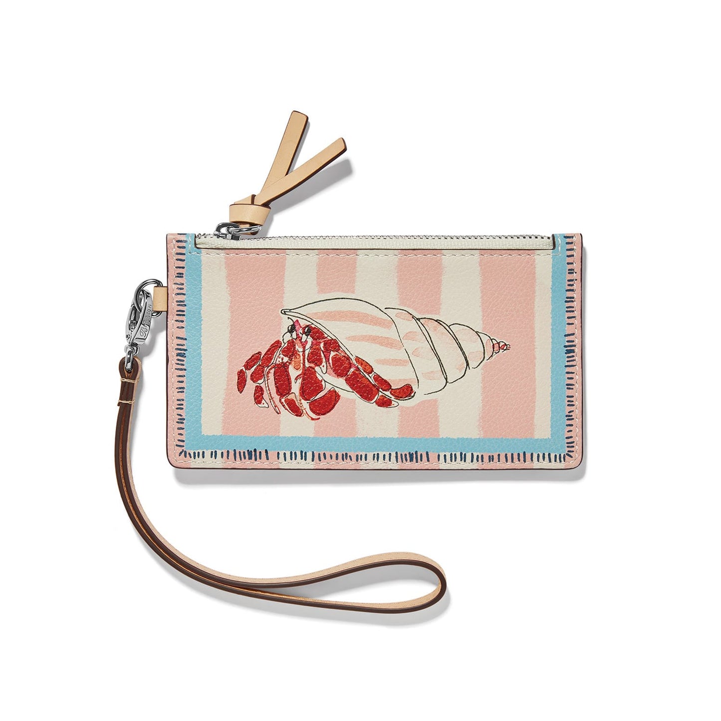 Brighton zip card case with illustrated hermit crab and pink striped print, leather wristlet strap, on a white background