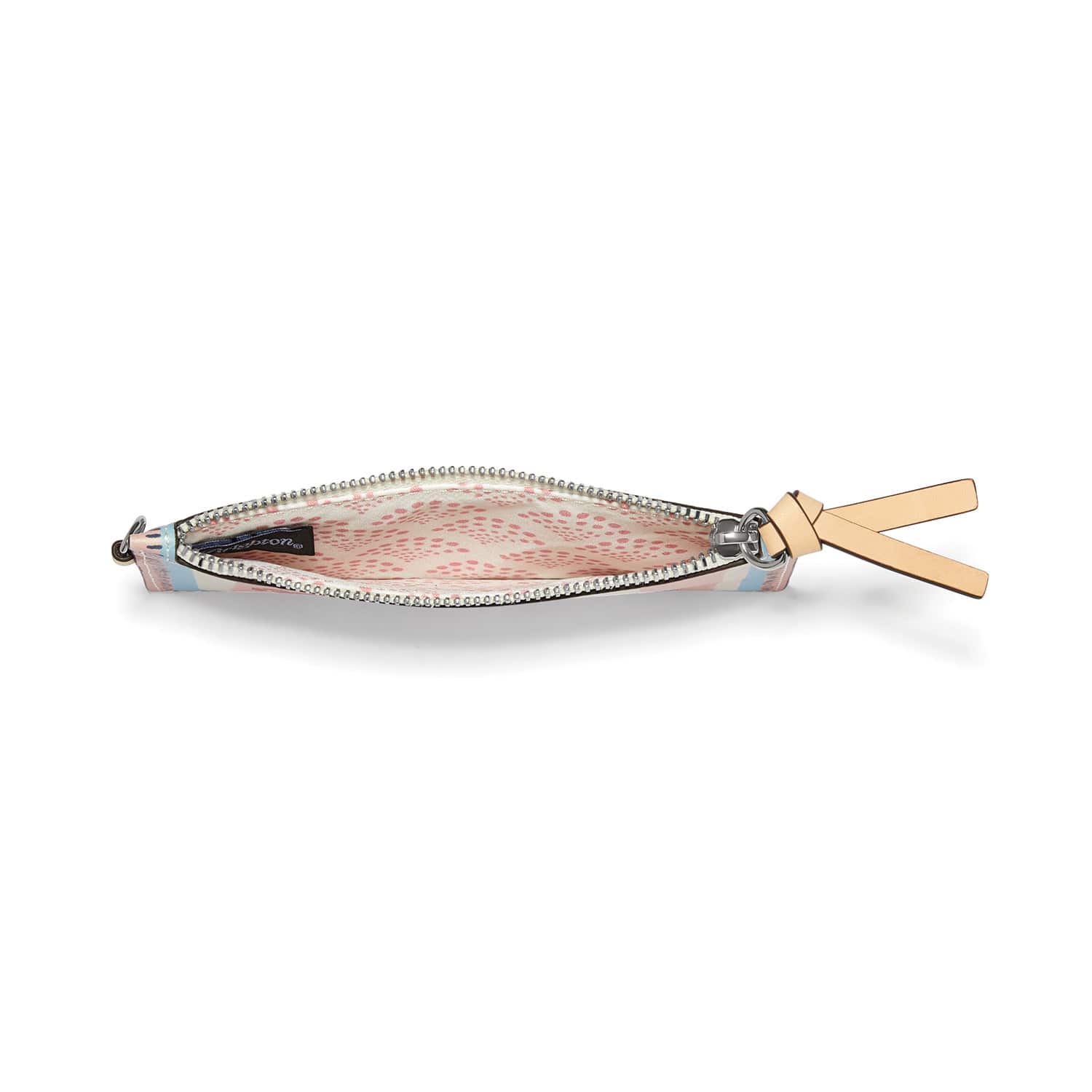 Brighton wristlet pouch shown open from the side with pink patterned interior lining and leather tassel on a white background