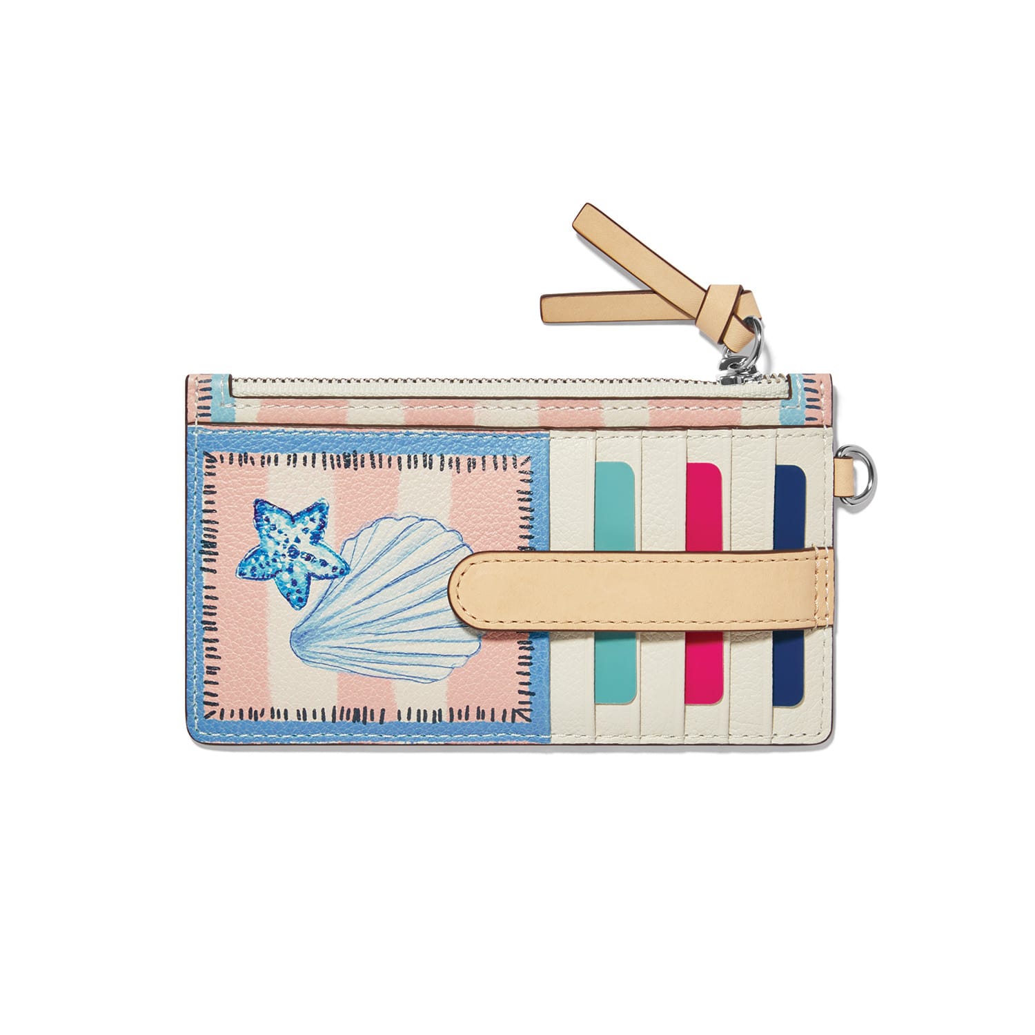 Brighton card case wallet with seashell and starfish print, tan strap, zippered top, and colorful card slots on a white background