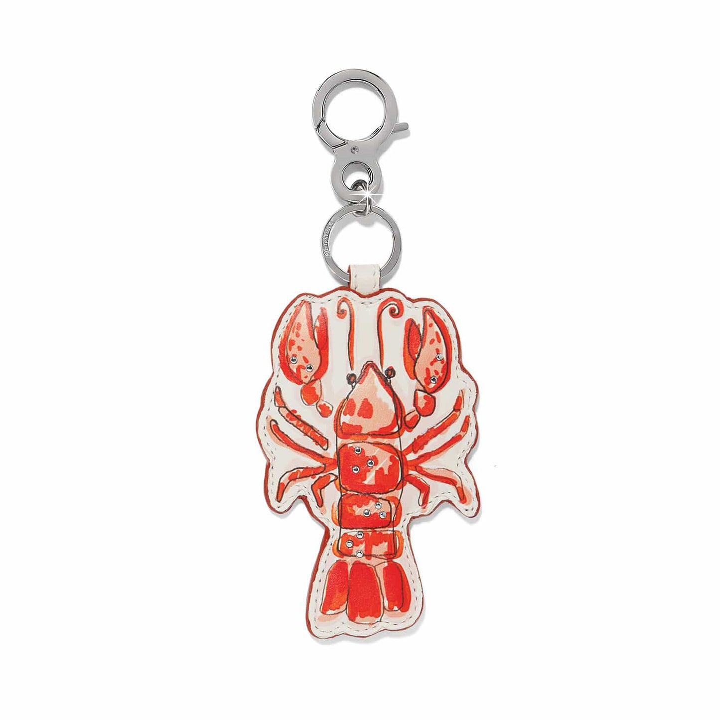 Brighton lobster bag charm in red and cream leather with silver-tone clasp and crystal accents on a white background
