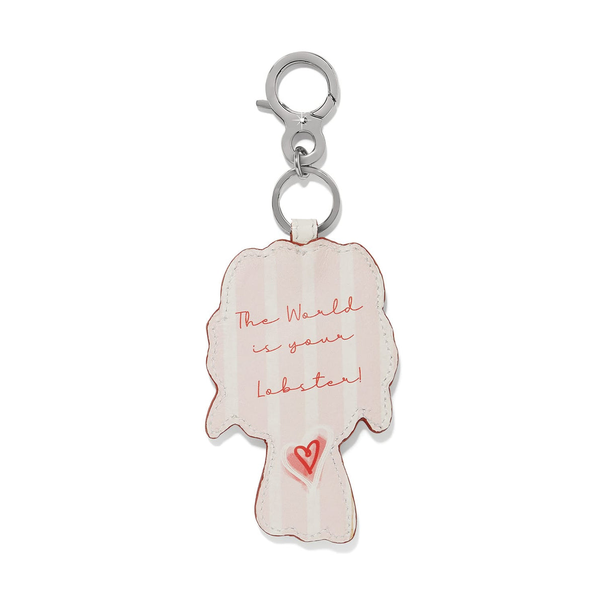 Brighton leather bag charm shown from the back with pink stripes, script text, and heart detail on a white background