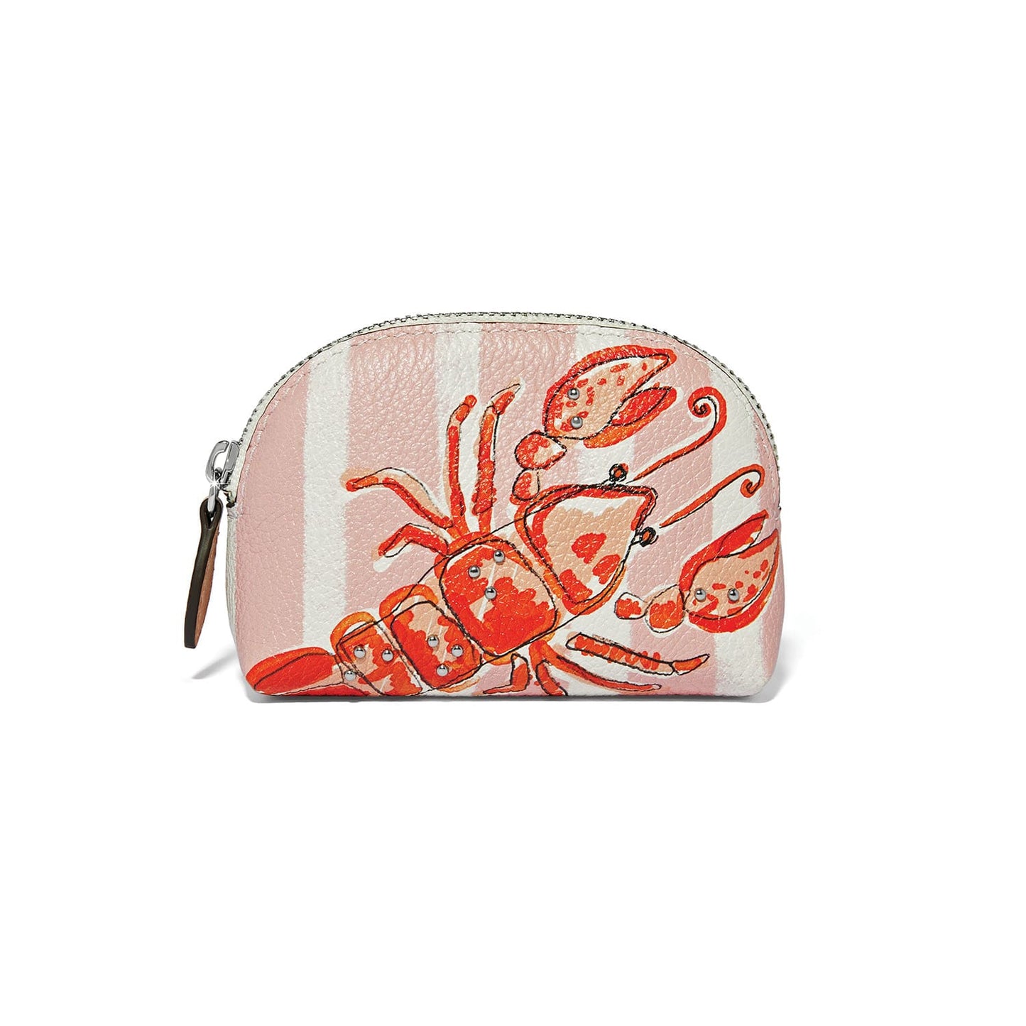 Brighton pouch with illustrated orange lobster print on pink and white striped leather background on a white background