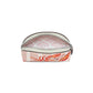 Brighton pouch shown open with pink dotted interior and coral crustacean print exterior with silver zipper on a white background