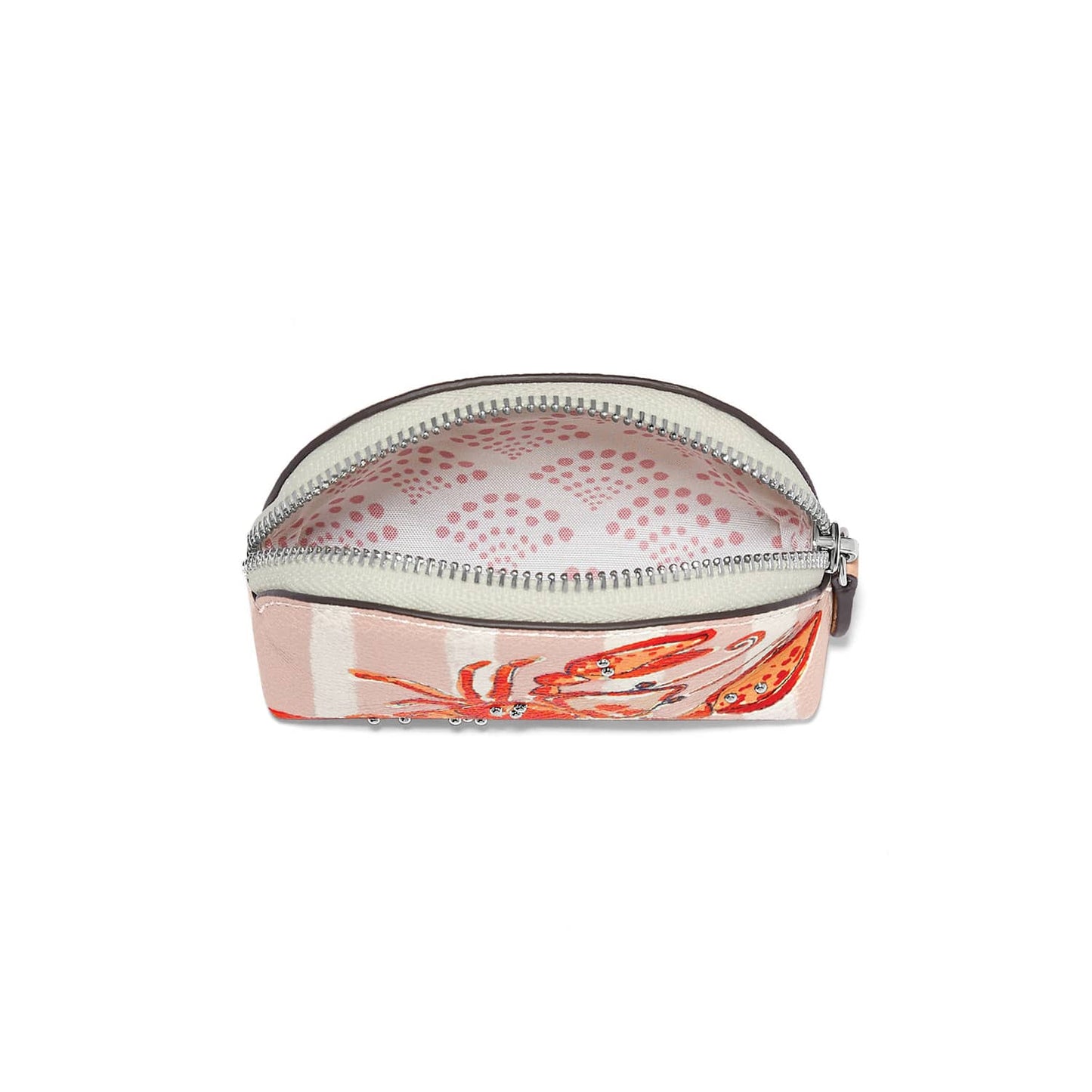 Brighton pouch shown open with pink dotted interior and coral crustacean print exterior with silver zipper on a white background