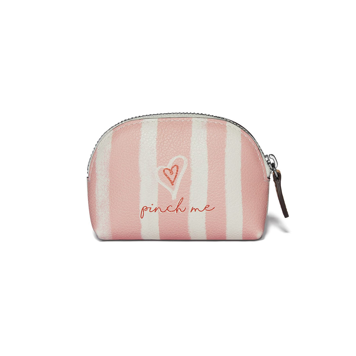 Brighton pouch with pink and white stripes, heart graphic, pinch me script, and zip closure on a white background