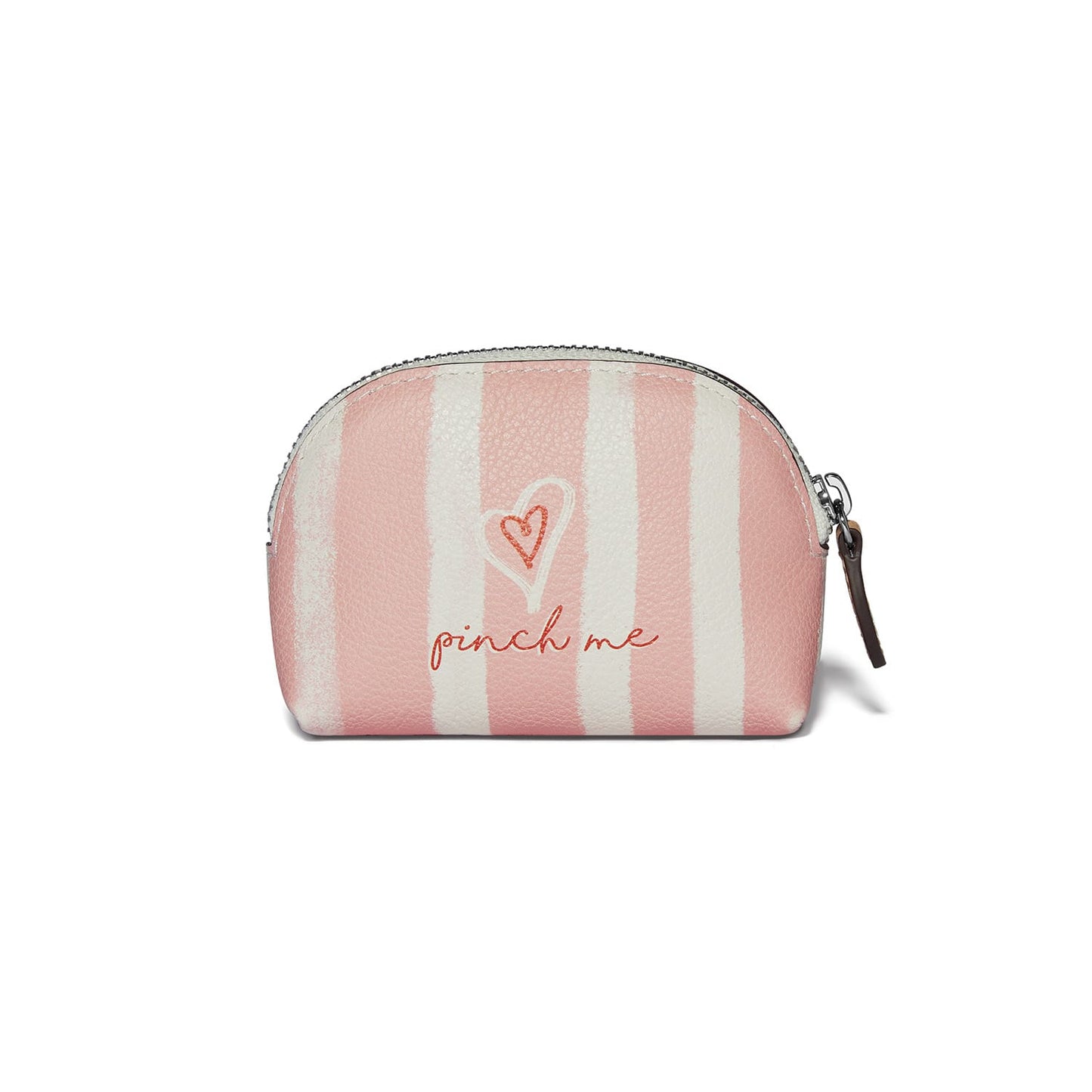 Brighton pouch with pink and white stripes, heart graphic, pinch me script, and zip closure on a white background