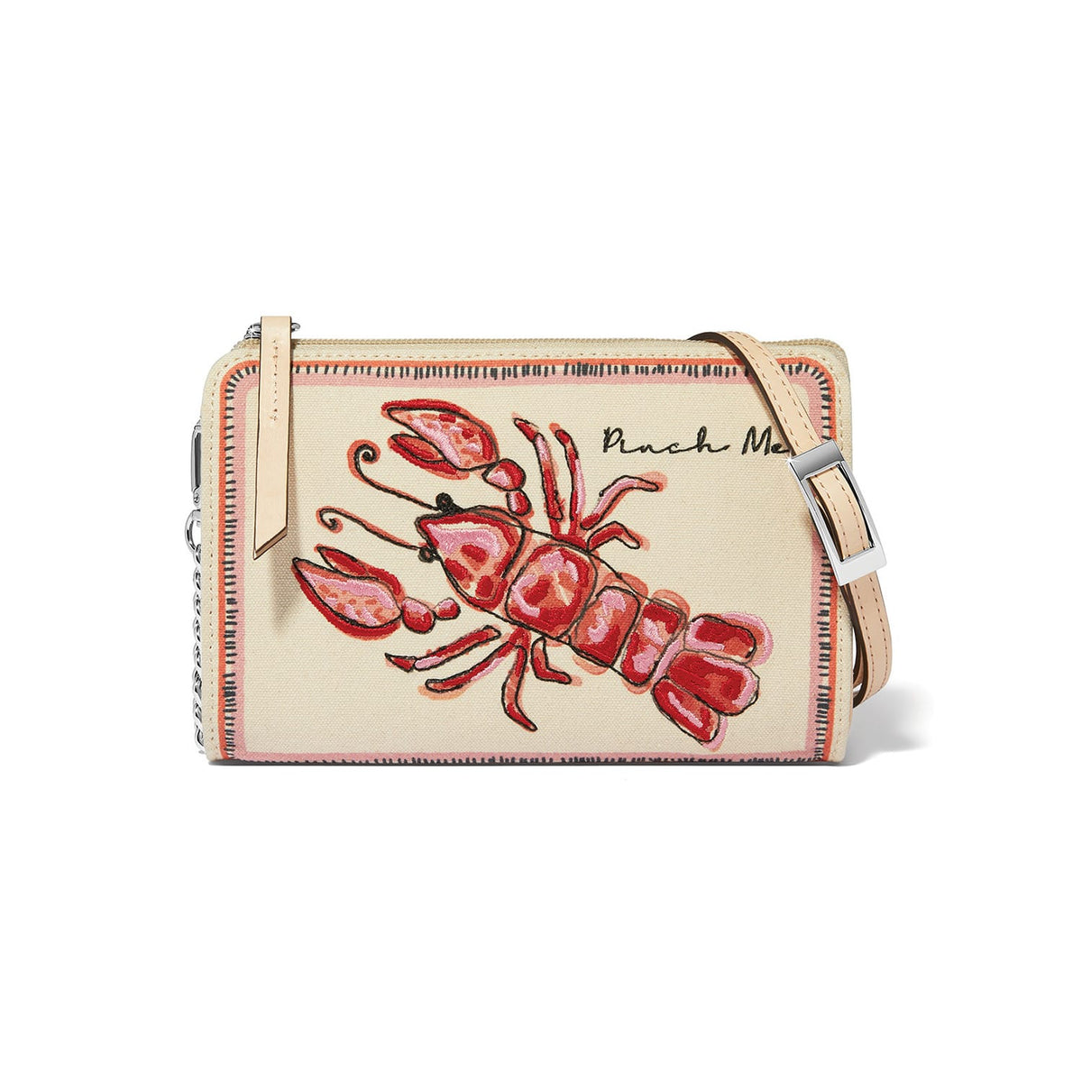 Brighton crossbody handbag with embroidered red lobster print and Pinch Me text on cream canvas on a white background