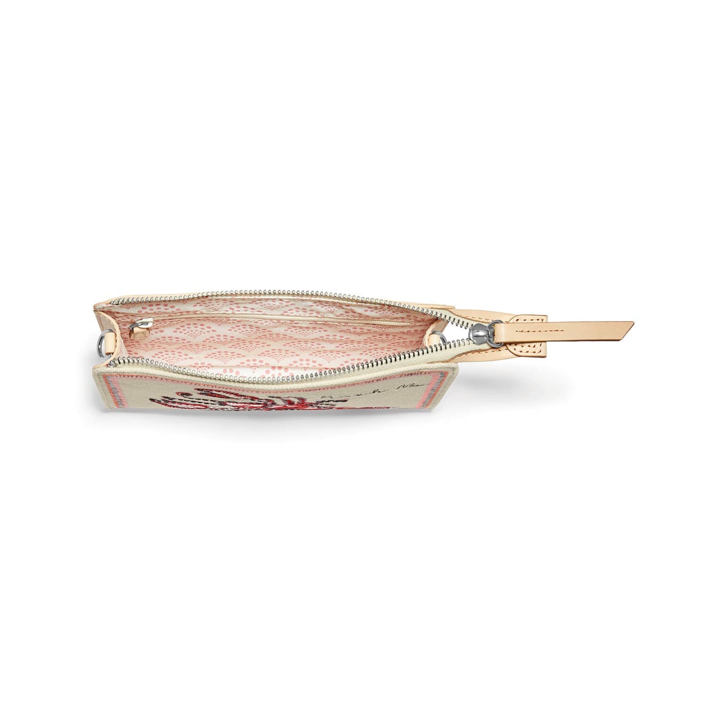 Brighton pouch shown open with pink patterned interior lining, silver-tone zipper, and leather wristlet strap on a white background